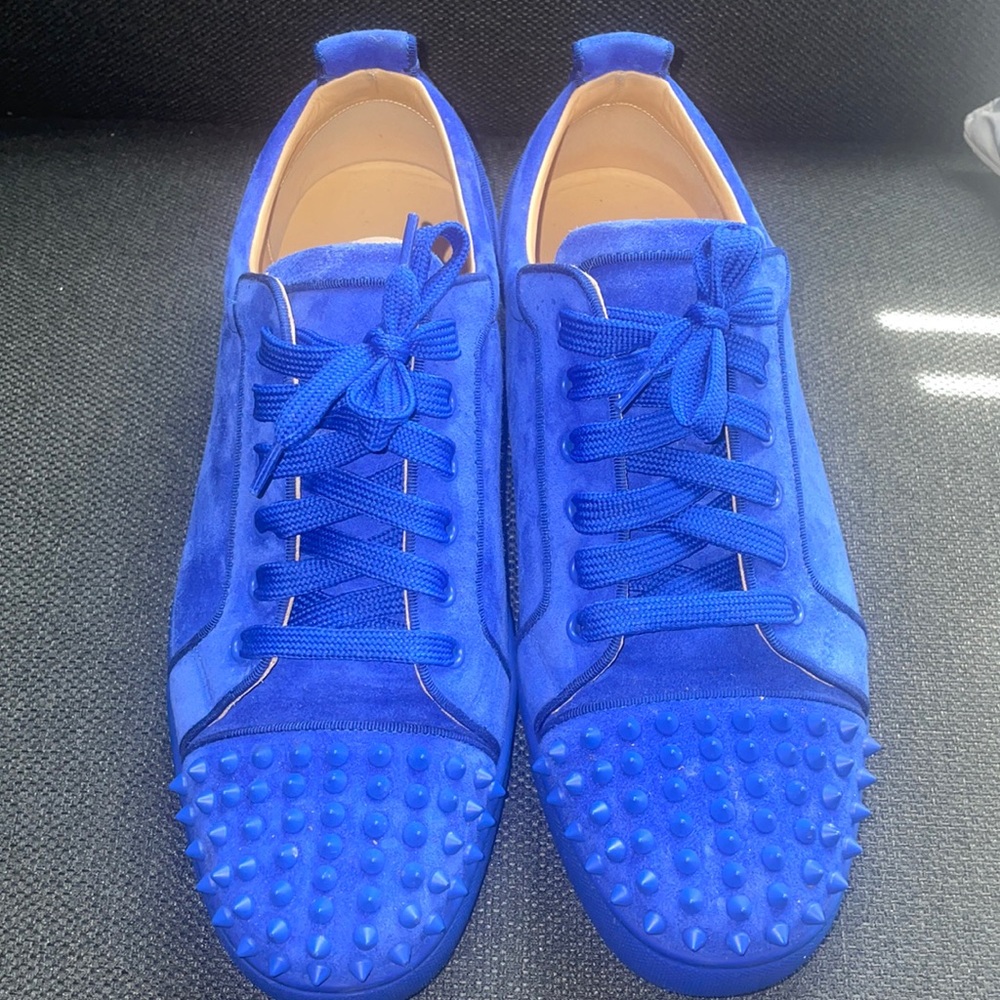 Blue suede red bottom